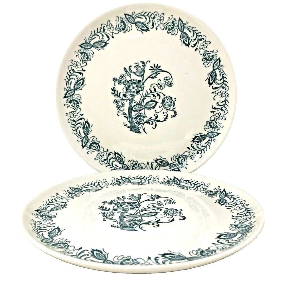 VIntage French Saxon China USA Dinner Plates Teal Floral 10" Server Set of 2